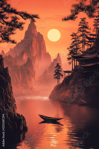 Illustration of Chinese landscape at sunset