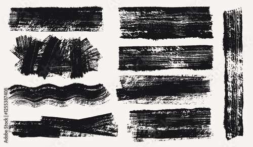 Set of brush strokes, hand drawn thick black grunge texture. Sketchy bold realistic lines. Black ink brush strokes, abstract banners rectangle shapes. Grunge marker highlight underline set.