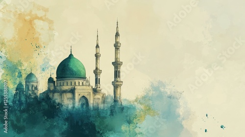 Serene Watercolor Painting of a Majestic Mosque with Green Dome and Elegant Minarets