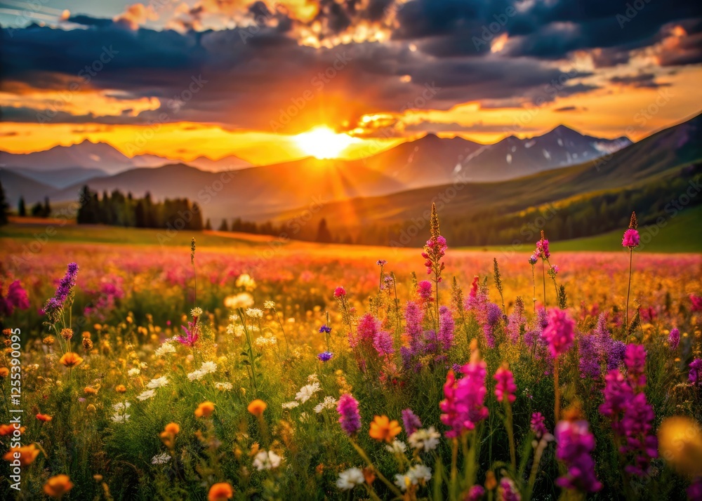 Obraz premium Golden hour paints Altay's wildflowers, a minimalist Russian landscape.