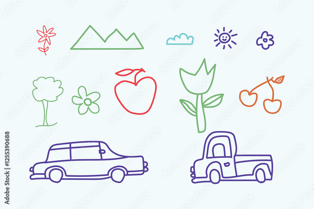 Naklejka premium Colorful hand-drawn illustrations of simple cars, flowers, trees, fruits, mountains, sun, and clouds. Child's Drawing of Cars and Nature Scenes.