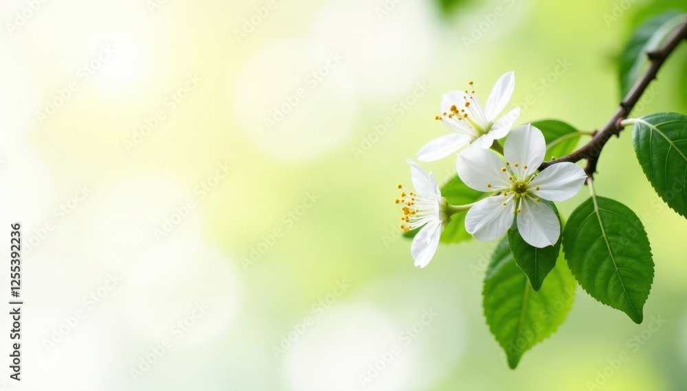 Delicate white flowers with green leaves on a branch in warm sunlight, white background, greenery, garden scene Delicate white flowers with green leaves on a branch in warm sunlight, white background, greenery, garden scene