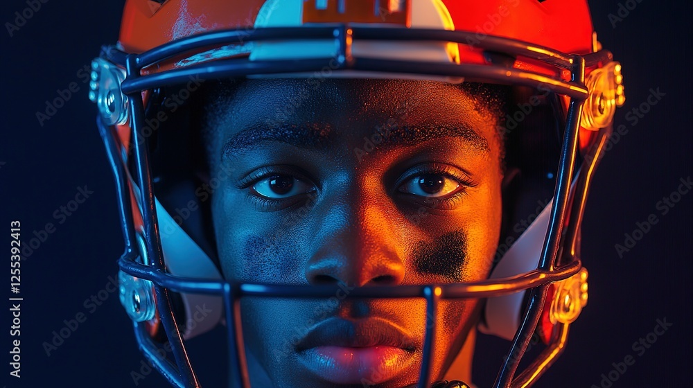 Intense American football player in helmet, focused and determined, embodies strength and resilience Intense American football player in helmet, focused and determined, embodies strength and resilience
