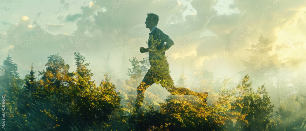 Fototapeta premium Double exposure of a runner man in a forest