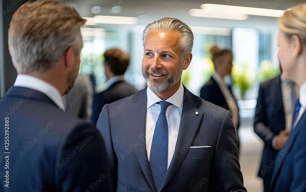 Confident senior businessman in a suit networking and having a conversation at a professional corporate event. Confident senior businessman in a suit networking and having a conversation at a professional corporate event.