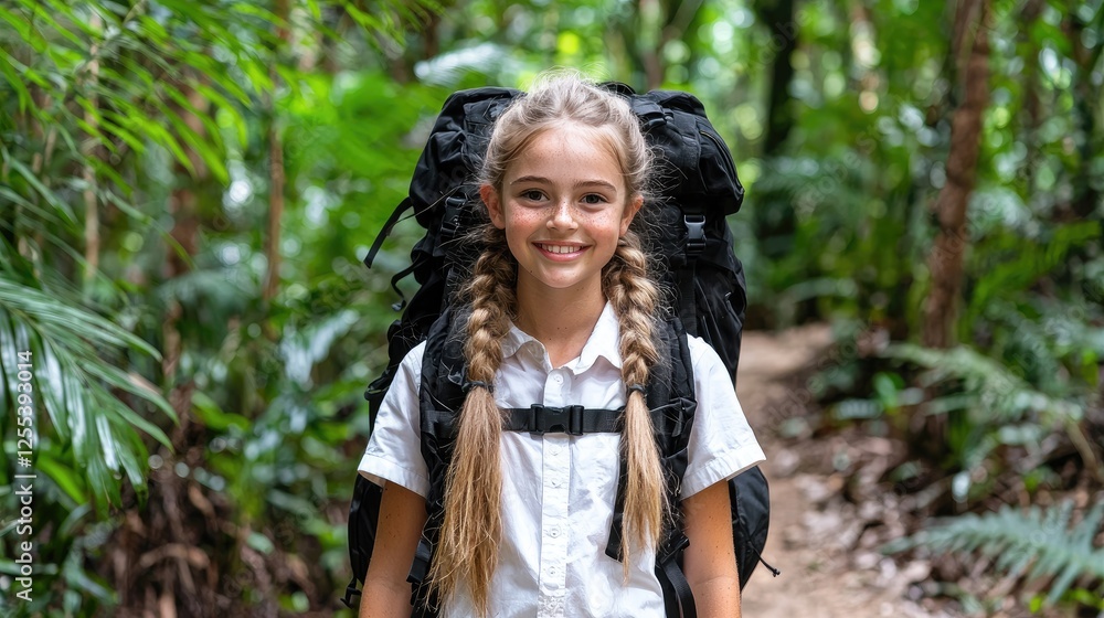 Smiling girl backpack rainforest trail adventure Smiling girl backpack rainforest trail adventure