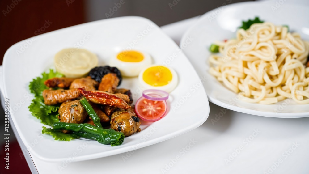 Gourmet Asian Fusion Dish with Noodles and Boiled Eggs Gourmet Asian Fusion Dish with Noodles and Boiled Eggs