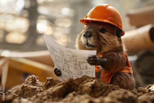 Beaver inspects construction blueprints at a busy building site in bright daylight