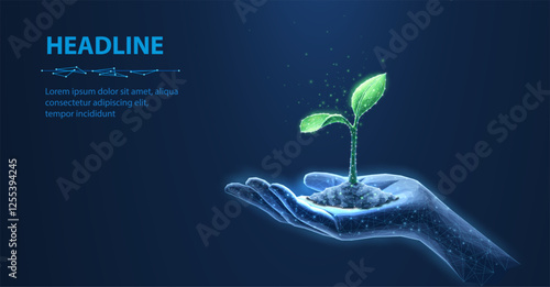 3D Plant on hand. Sprout Growth, Agriculture Technology, Grow Plant.