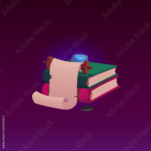 Ancient parchment roll, old paper blank scroll with magic book vector flat illustration, game witchcraft or wizardry