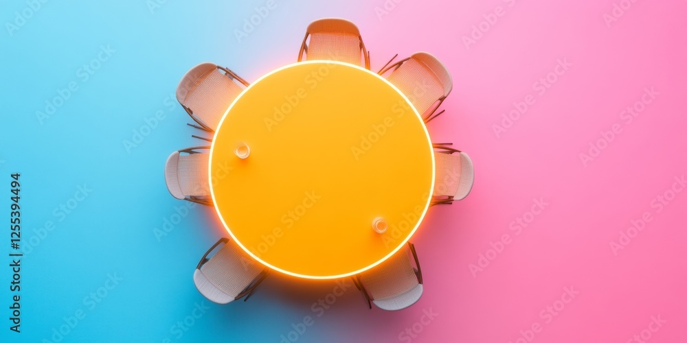 Neon Circular Conference Table Design in Dual Pastel Tones - Contemporary Business Innovation and Collaborative Meeting Spaces with Modern Decor Integration