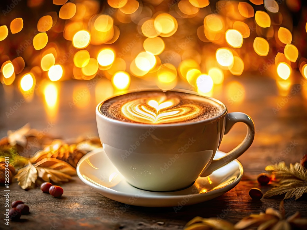 Obraz premium Indulge in the cozy autumn warmth of a creamy latte, its artfully poured foam creating a bokeh dream against a blurred coffee shop backdrop.