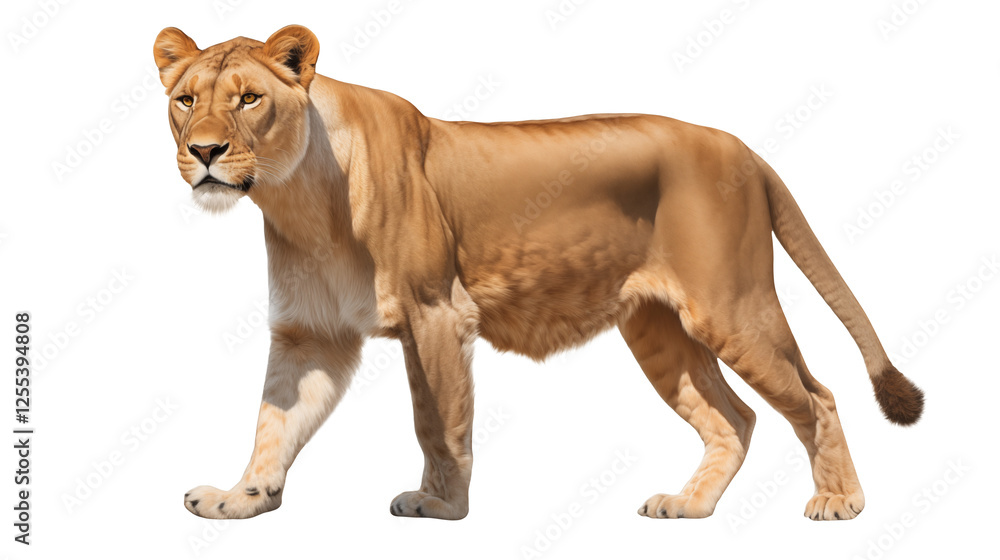Obraz premium Majestic African Lioness Walking in Savannah Grassland Wildlife Photography for Conservation and Advertising