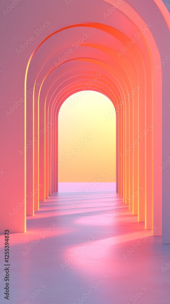 Fototapeta premium Retro-Futuristic Hallway Design Curved Pink and Metallic Arches in Cinematic Depth for Luxury Interiors and Modern Architectural Solutions