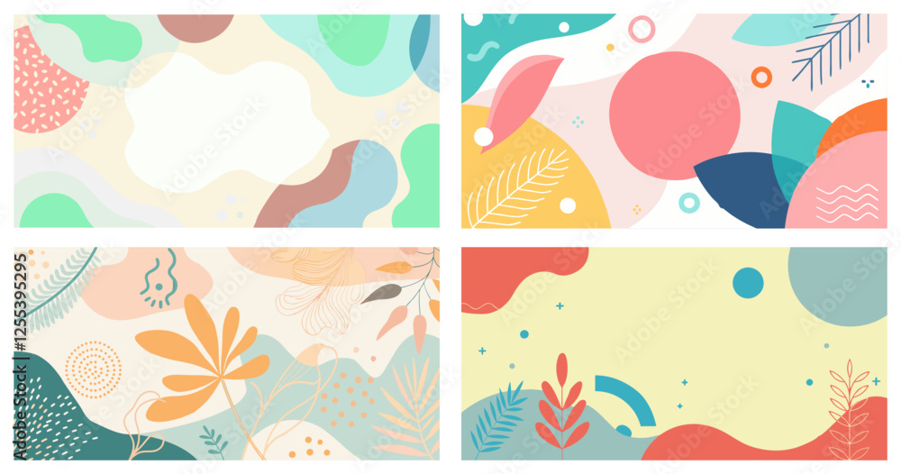 Six vibrant and playful abstract backgrounds featuring organic shapes, geometric patterns, and ample copy space, perfect for modern and creative designs Six vibrant and playful abstract backgrounds featuring organic shapes, geometric patterns, and ample copy space, perfect for modern and creative designs