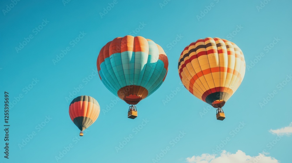 Colorful hot air balloons flying in a clear blue sky. The concept of travel, adventure, and the romanticism of flight Colorful hot air balloons flying in a clear blue sky. The concept of travel, adventure, and the romanticism of flight