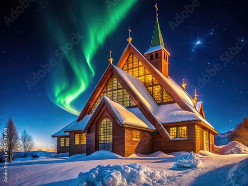 Kiruna Church: Arctic architecture's winter wonderland, stunning interior, Northern Lights backdrop. photo