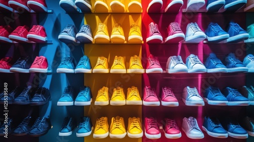 Colorful sneakers in a shop window display, an advertising background concept with copy space. Shelves full of shoes for young people on a colorful wall background.