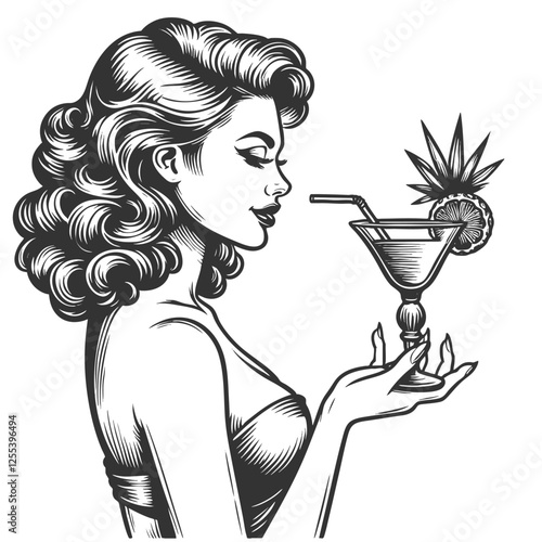 Tropical Woman Enjoying Cocktail engraving vector