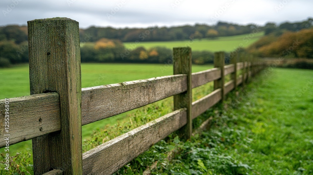 Rustic fence, green pasture, hills, autumn Rustic fence, green pasture, hills, autumn
