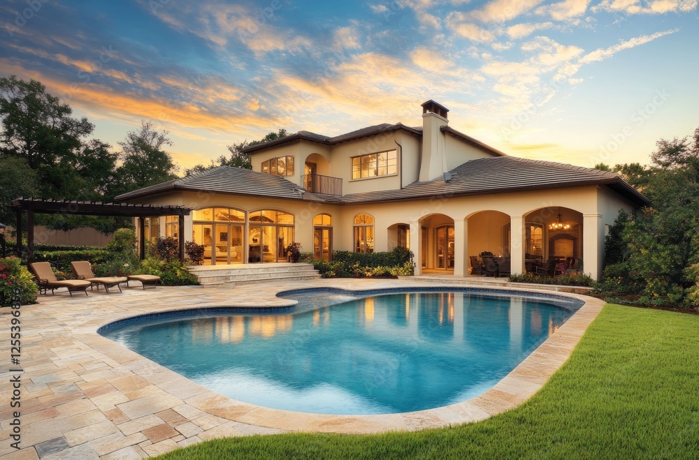 Fototapeta premium Beautiful home with a pool in Florida, with a sunset in the background, green grass, and a blue sky