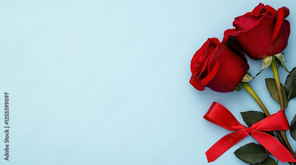 3 red roses with a ribbon on a light blue background, festival , Wedding anniversary celebration, banner template design, copy space, simple pure elegant 3 red roses with a ribbon on a light blue background, festival , Wedding anniversary celebration, banner template design, copy space, simple pure elegant