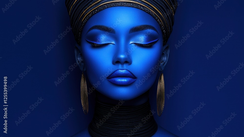 A striking portrait of a woman with blue skin and elaborate headwear against a dark background. A striking portrait of a woman with blue skin and elaborate headwear against a dark background.