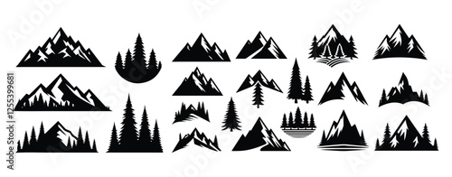 Mountain icon logo vector illustration for adventure outdoor sport graphic design. Black stone and landscape drawing, different shape of peak logo mountain icon silhouettes. Evergreen forest  black 