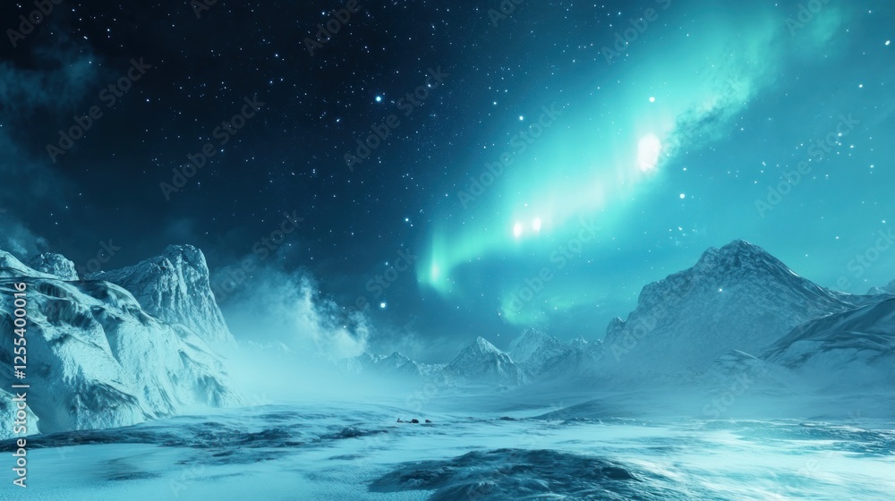 Spectacular Aurora Borealis over Majestic Ice-Capped Mountains at Night Spectacular Aurora Borealis over Majestic Ice-Capped Mountains at Night