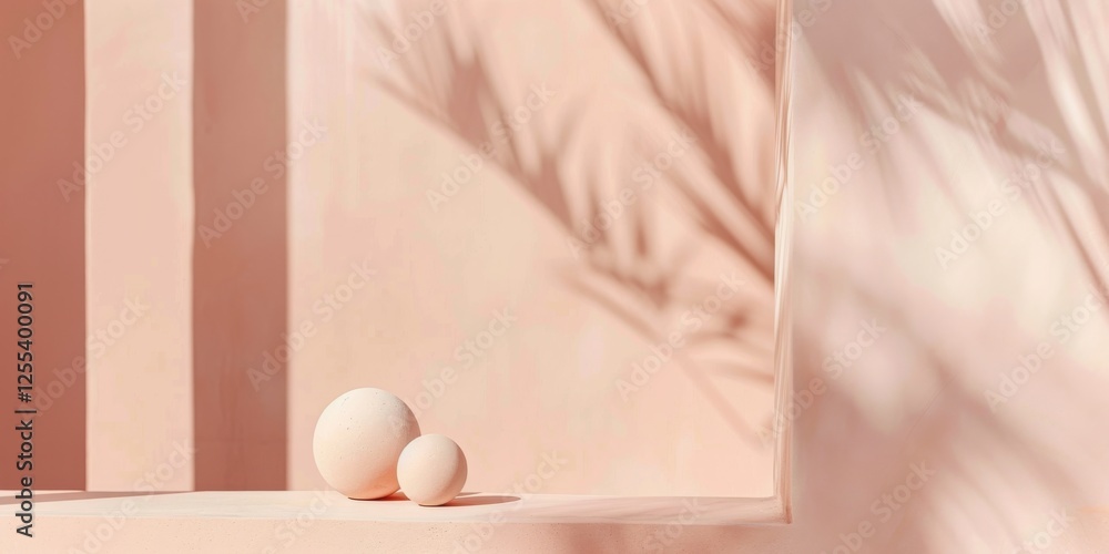 Fototapeta premium A sophisticated minimalist scene with a muted salmon pink background, Sparse geometric elements and soft gradients, Minimalist editorial style