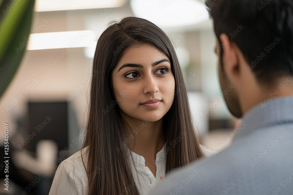 Woman engages in conversation in a modern office environment Woman engages in conversation in a modern office environment