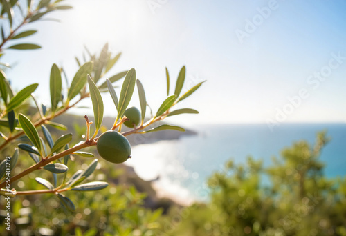 Olive branch swaying gently by Mediterranean coast, natural serenity