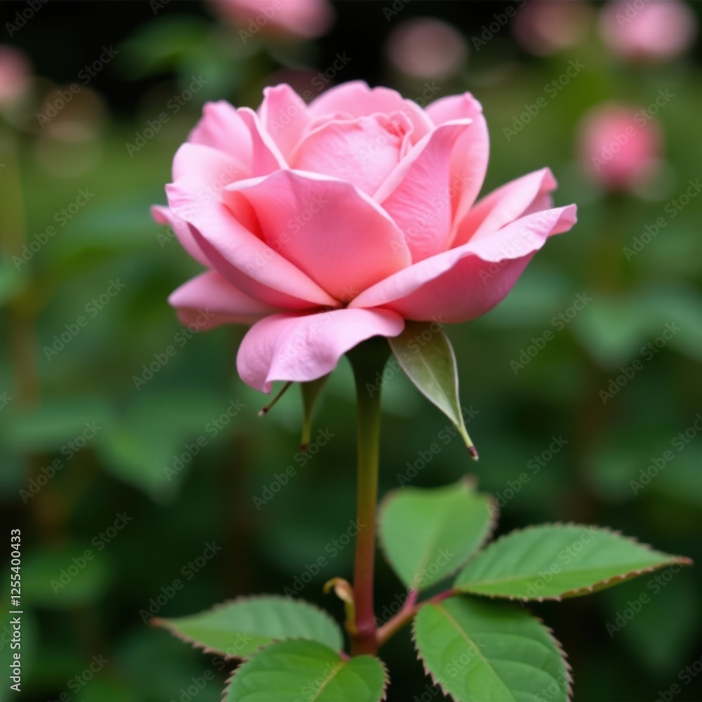 Soft pink petals unfolding on velvety rose stem, garden, botanicals