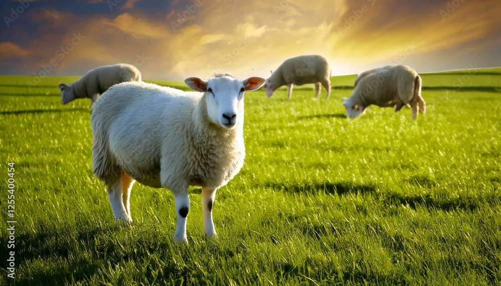 Fototapeta premium A tranquil landscape featuring contented sheep dotting a vast, grassy pasture under soft daylight