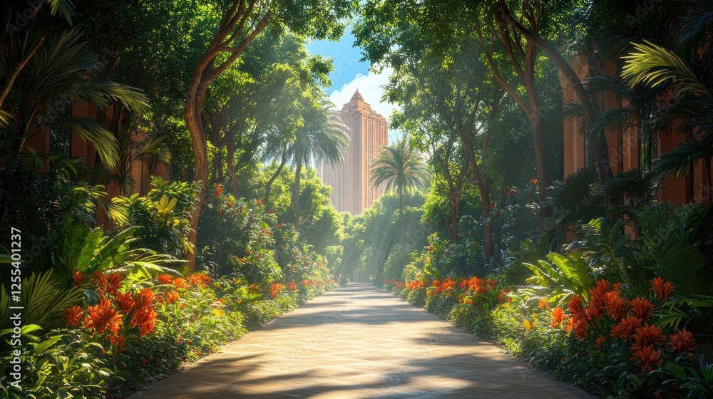 Fototapeta premium Sunlit Tropical Pathway to Tall Building