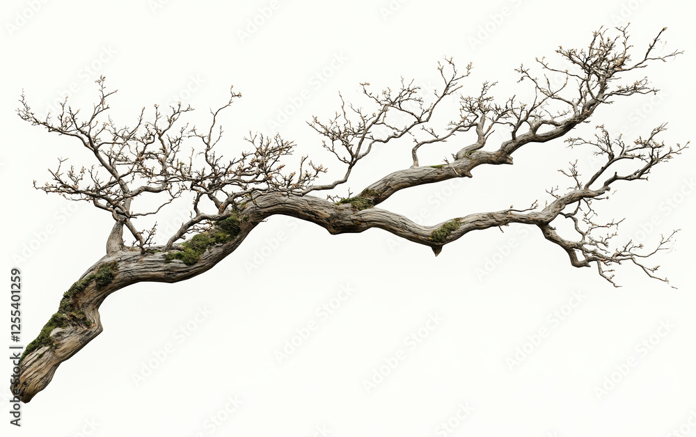 Fototapeta premium Isolated twisted tree branch with intricate bare twigs and textured bark on a white background.