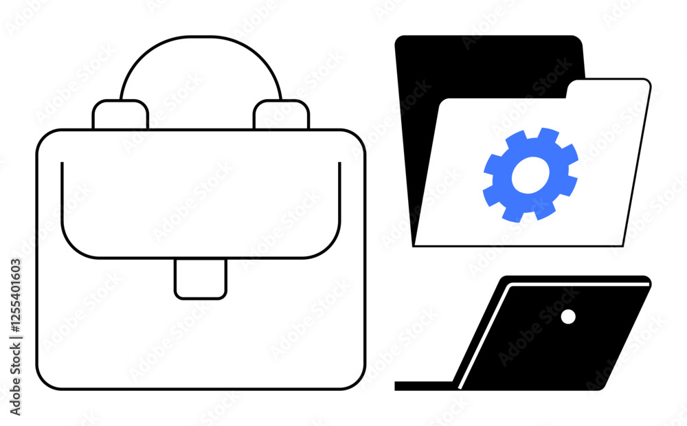 Briefcase, open folder with gear icon, and laptop suggest professional, technical, and organizational themes. Ideal for business, work-life balance, digital organization, technology management Briefcase, open folder with gear icon, and laptop suggest professional, technical, and organizational themes. Ideal for business, work-life balance, digital organization, technology management