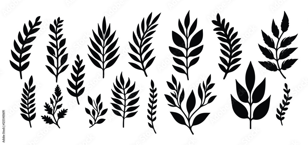 Set of leaves silhouette of beautiful plants, leaves, plant design. Vector illustration .Minimal feminine botanical floral branch in silhouette style. Hand drawn wedding herb, minimalistic flowers Set of leaves silhouette of beautiful plants, leaves, plant design. Vector illustration .Minimal feminine botanical floral branch in silhouette style. Hand drawn wedding herb, minimalistic flowers