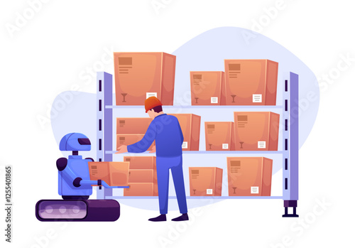 Vector illustration of a robot helping a worker in a hard hat to put boxes on a shelf.
