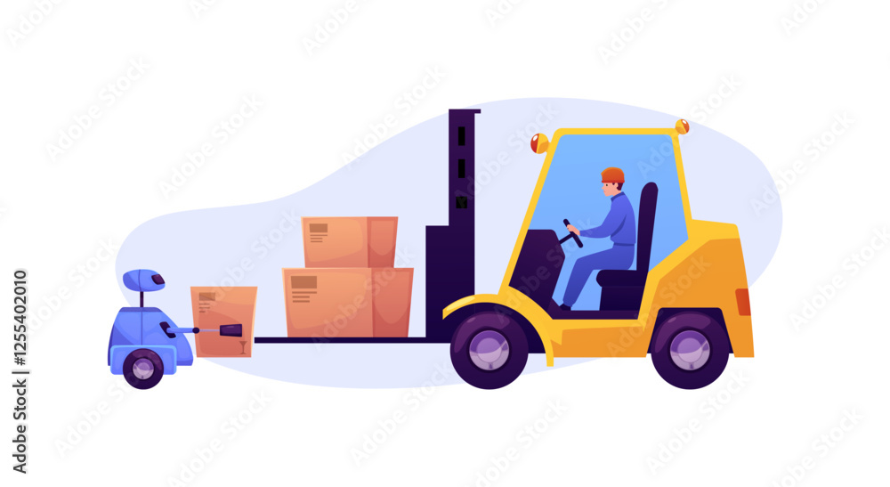 Vector illustration of robot putting boxes on forklift machine with man inside. Vector illustration of robot putting boxes on forklift machine with man inside.