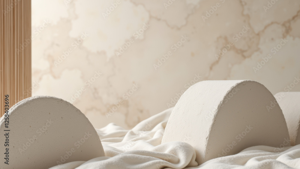 Set of white acoustic panels on a neatly made bed with luxurious bedding against marble wall backdrop. Set of white acoustic panels on a neatly made bed with luxurious bedding against marble wall backdrop.