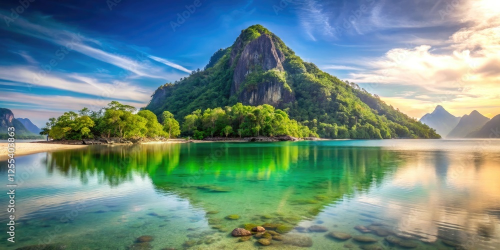 Serene island paradise: sandy beach meets turquoise lagoon, majestic peaks reflected in long exposure. Serene island paradise: sandy beach meets turquoise lagoon, majestic peaks reflected in long exposure.