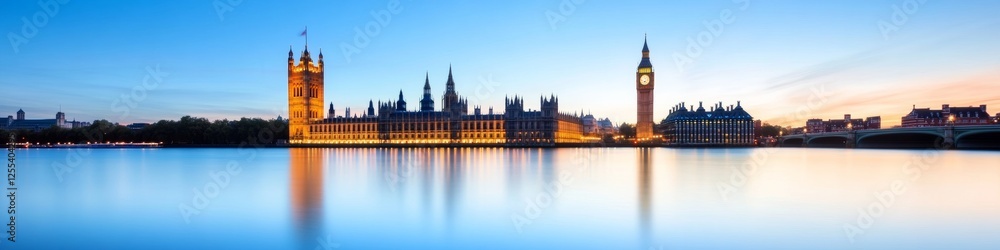 Fototapeta premium Panoramic Gothic Architecture Artistry Illuminated Houses of Parliament and Big Ben on Thames - Iconic UK Landmark Capturing Democratic Heritage and Tourism Excellence