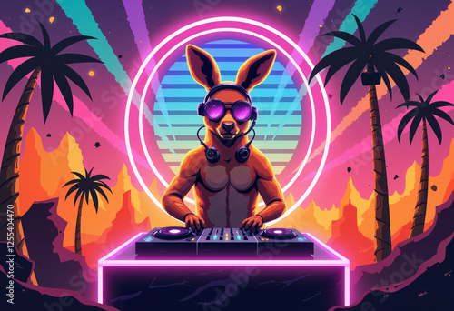 Kangaroo DJ performing at desert rave with neon lights, vibrant energy