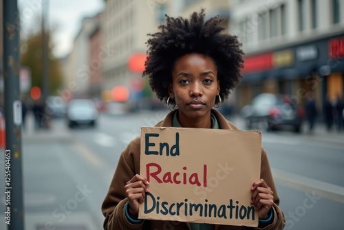 A melancholic Black woman stands on a street corner, holding a sign that says 