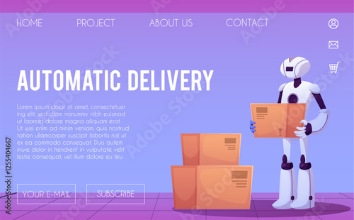 Automatic delivery technology vector landing page design, industrial robot carry cardboard box, transportation, logistic