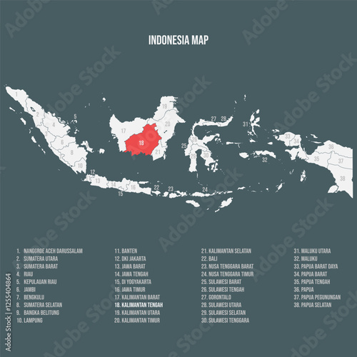 Indonesia Map with 38 Provinces - Kalimantan Tengah photo