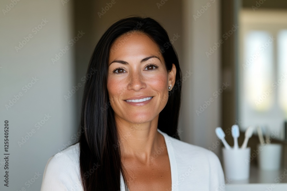 Contemporary Oral Care Routine Latina Woman, 35, in Bright Natural Light with Toothbrushes - Modern Dental Hygiene and Wellness Content for Lifestyle Branding Contemporary Oral Care Routine Latina Woman, 35, in Bright Natural Light with Toothbrushes - Modern Dental Hygiene and Wellness Content for Lifestyle Branding
