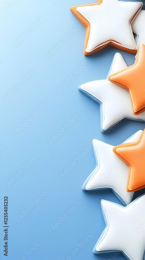 Fototapeta premium Shiny stars, white and orange, arranged vertically on a blue background for graphic design projects, banners, or website elements
