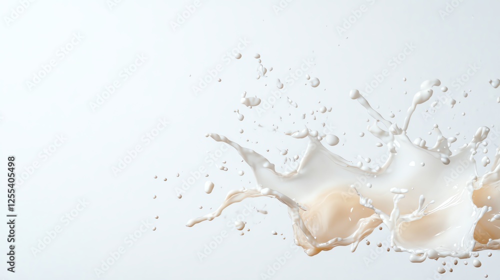 Obraz premium Dynamic splash of creamy liquid with droplets on white background. Minimalistic and abstract fluid motion.